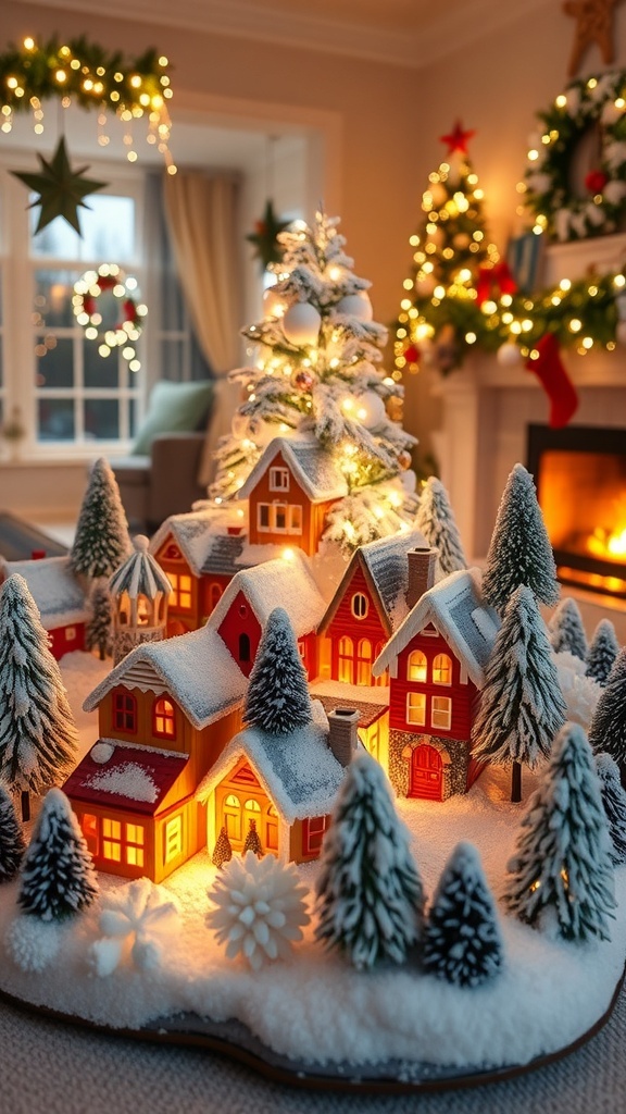 DIY Christmas Tree Village Display A DIY Christmas tree village with miniature houses and trees, illuminated by fairy lights, set in a festive living room.